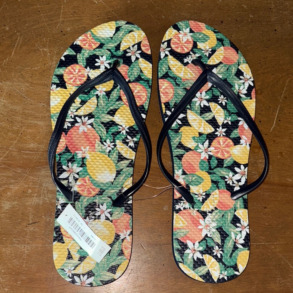 Old Navy Citrus and Floral Flip Flops with Black Straps